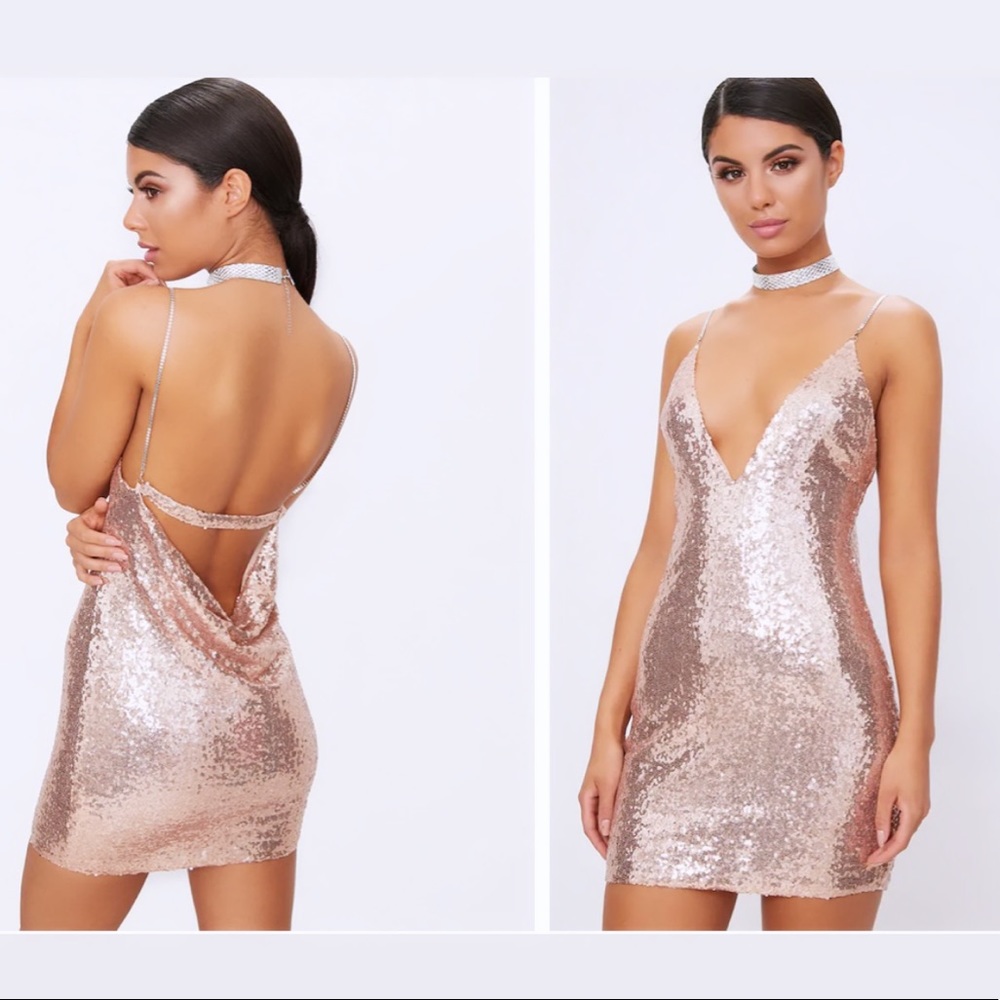 Rose Gold Chain Strap Sequin Plunge Bodycon Dress